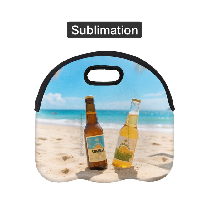 A drink bottle cooler featuring a scenic beach design, displaying two beer bottles in shades of brown and yellow.