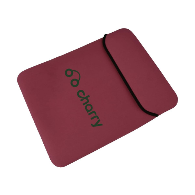 A maroon laptop bag with a black trim and a logo. The bag features a sleek, minimalist design.