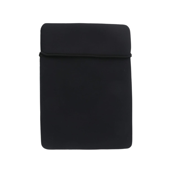 A black tablet PC bag with a secure flap closure and a smooth finish. It features a minimalist design.
