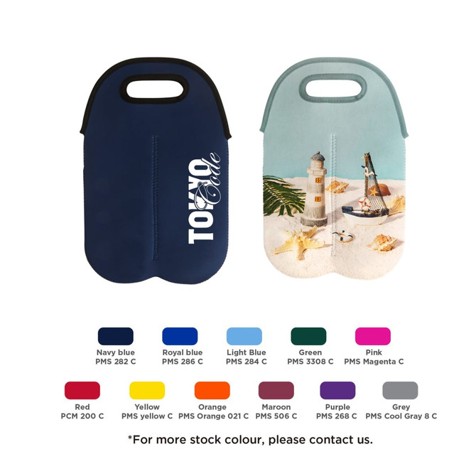 A neoprene double beer bottle carrier in navy and light blue, featuring a lighthouse graphic and a logo.