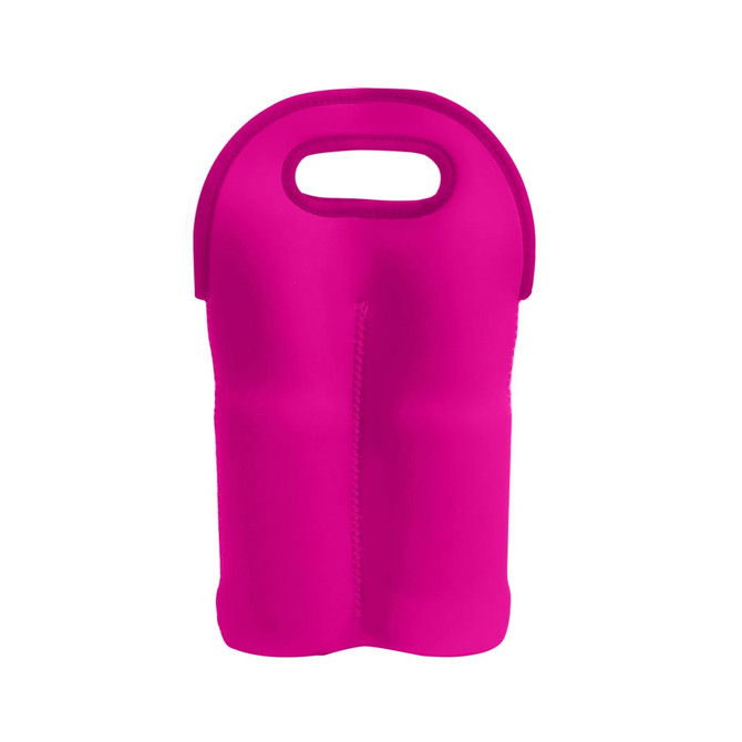 A drink bottle carrier in vibrant pink neoprene, featuring a handle and double bottle capacity.