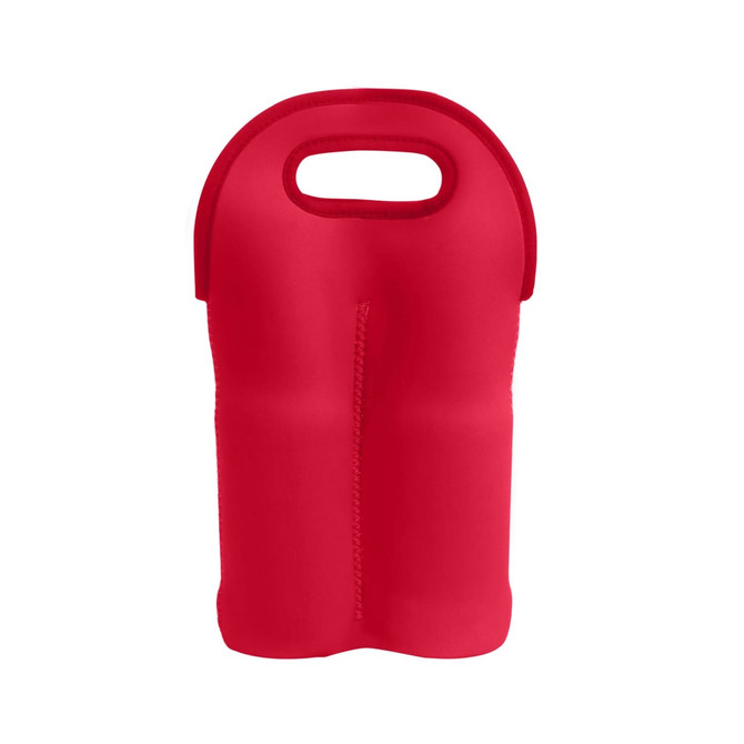 A red neoprene double beer bottle carrier with a handle, featuring a sleek design and an integrated logo.