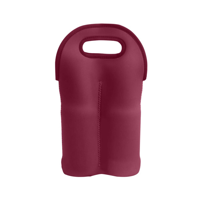 A drink bottle carrier in burgundy neoprene, designed to hold two bottles, featuring a handle and a sleek design.