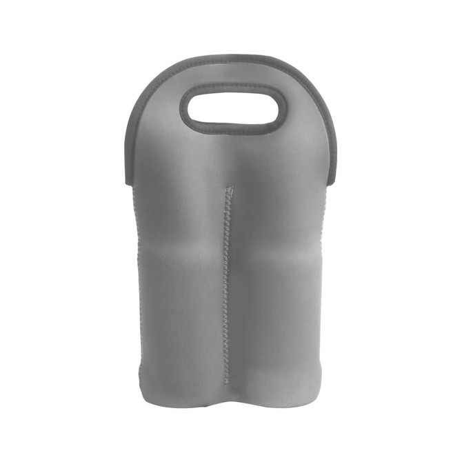 A drink bottle carrier in grey neoprene, designed to hold two beer bottles, featuring a handle for easy carrying.
