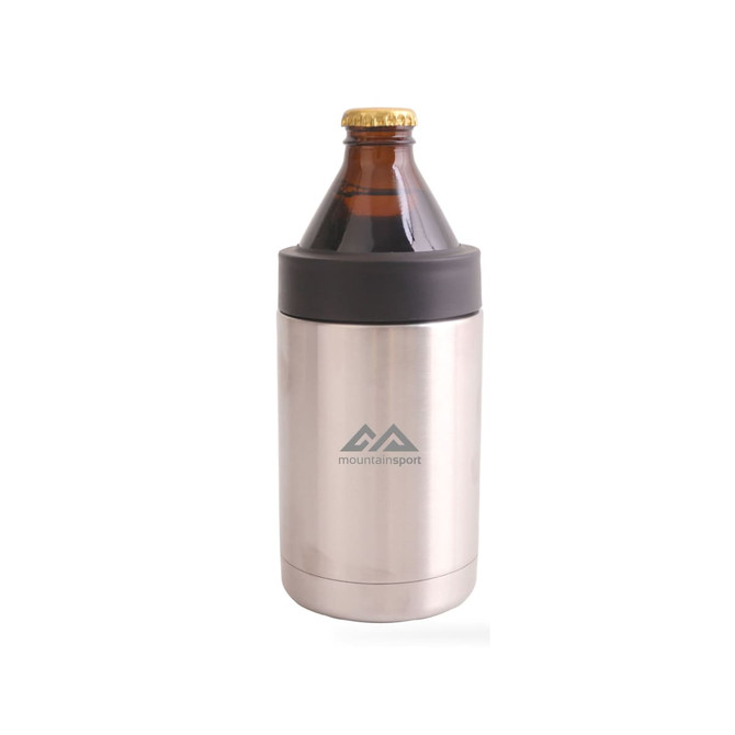 A stainless steel stubby holder in silver with a black rubber top, holding a brown glass bottle.