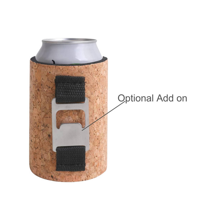 A drink bottle holder made of cork with a black strap and a silver bottle opener attachment.