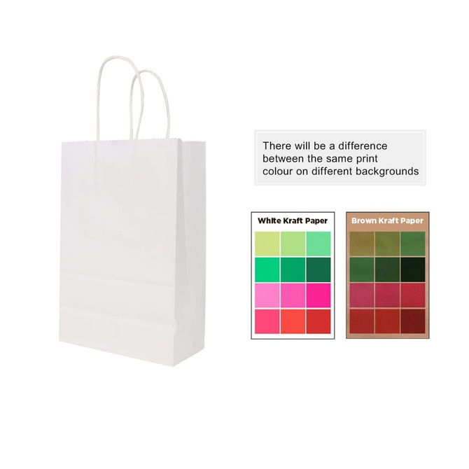 A white kraft paper bag with twisted handles, accompanied by colour samples of print options on different backgrounds. A white kraft paper bag with twisted handles, accompanied by colour samples of print options on different backgrounds.