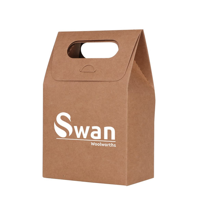 A brown die cut handle bag with a cut-out handle and a logo, measuring 100x160x60mm. A brown die cut handle bag with a cut-out handle and a logo, measuring 100x160x60mm.