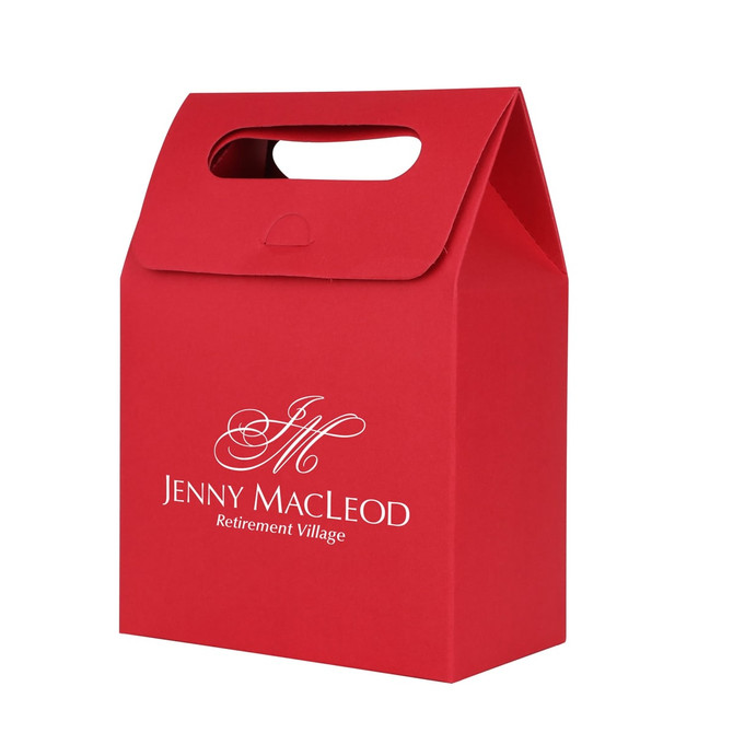 A red die-cut handle bag with a top flap and a logo on the front. It measures 135x200x75mm. A red die-cut handle bag with a top flap and a logo on the front. It measures 135x200x75mm.