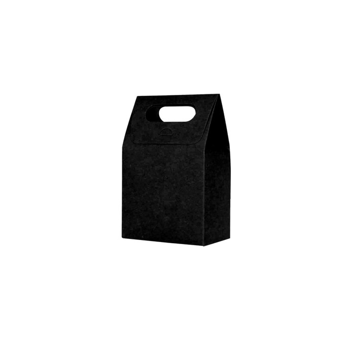 A black die-cut handle bag, measuring 160x260x90mm, with a simple design and a carry handle on top. A black die-cut handle bag, measuring 160x260x90mm, with a simple design and a carry handle on top.
