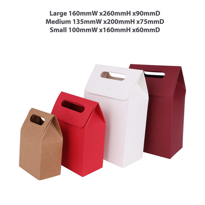 Four die-cut handle bags in red, white, and brown, varying in size and featuring cut-out handles. Four die-cut handle bags in red, white, and brown, varying in size and featuring cut-out handles.