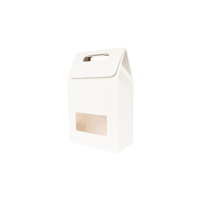 A white die-cut handle bag with a transparent window, featuring a triangular top and a handle for easy carrying. A white die-cut handle bag with a transparent window, featuring a triangular top and a handle for easy carrying.