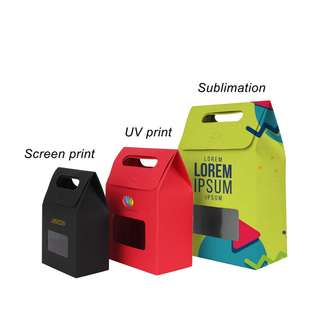 Three die cut handle bags in black, red, and yellow/green, each with a transparent window and various print designs. Three die cut handle bags in black, red, and yellow/green, each with a transparent window and various print designs.