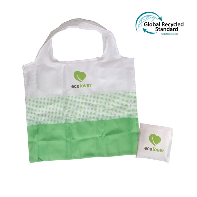 A foldable shopping bag in white and green with a branding logo, accompanied by a compact storage pouch. A foldable shopping bag in white and green with a branding logo, accompanied by a compact storage pouch.