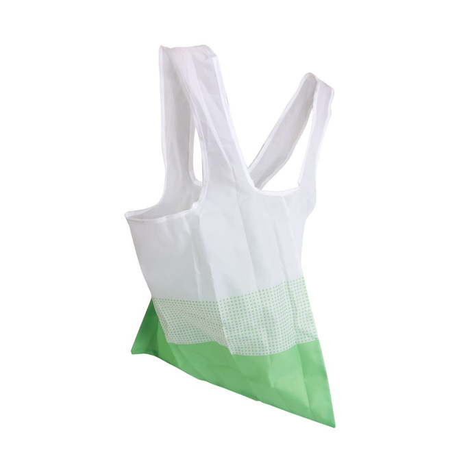 A foldable shopping bag in white and green, featuring a subtle dotted pattern and shoulder straps, with a logo. A foldable shopping bag in white and green, featuring a subtle dotted pattern and shoulder straps, with a logo.