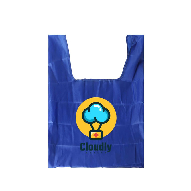 A blue reusable foldaway shopping bag featuring a logo with a cloud and a balloon design. A blue reusable foldaway shopping bag featuring a logo with a cloud and a balloon design.