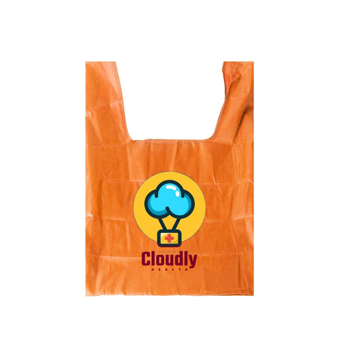 An orange reusable foldaway shopping bag featuring a logo and graphic design. An orange reusable foldaway shopping bag featuring a logo and graphic design.