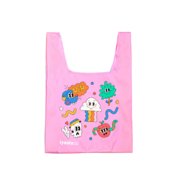 A pink reusable foldaway shopping bag featuring colourful designs with playful characters and a logo. A pink reusable foldaway shopping bag featuring colourful designs with playful characters and a logo.