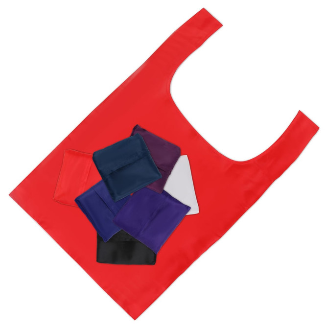A red reusable shopping bag displayed alongside various smaller pouches in different colours. It features a logo. A red reusable shopping bag displayed alongside various smaller pouches in different colours. It features a logo.