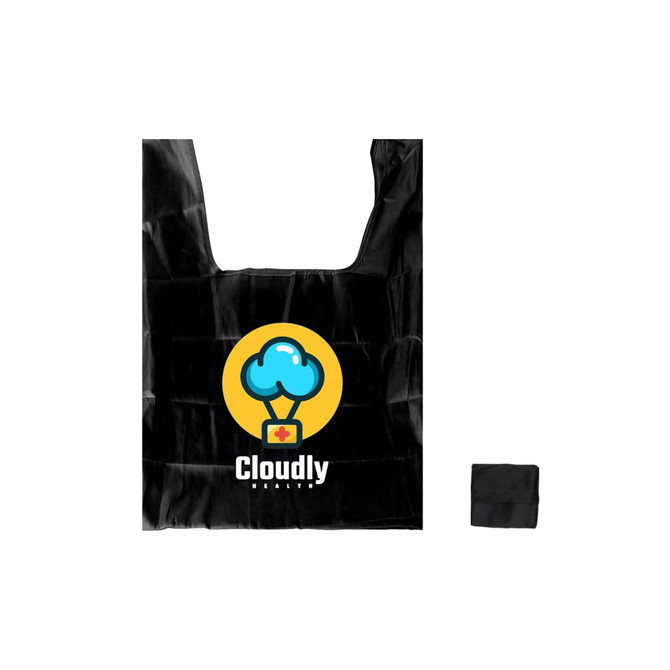 A black reusable foldaway shopping bag featuring a logo with a cloud and first aid symbol, folded compactly beside it.