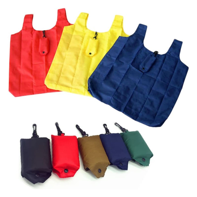 A collection of compact foldable shopping tote bags in red, yellow, navy, and various coloured pouches for storage. A collection of compact foldable shopping tote bags in red, yellow, navy, and various coloured pouches for storage.