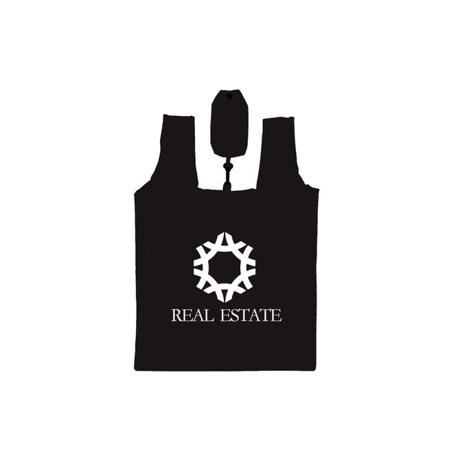 A compact, foldable shopping tote bag in black with a logo design on the front. A compact, foldable shopping tote bag in black with a logo design on the front.