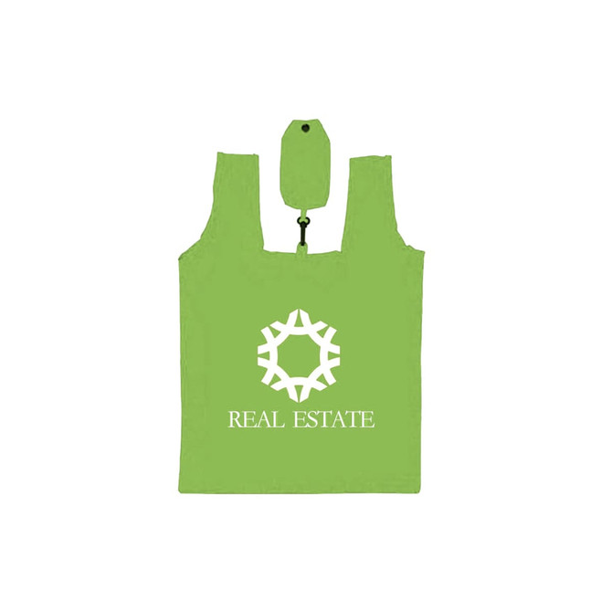 A compact, foldable shopping tote bag in bright green with a logo and a clip for easy storage. A compact, foldable shopping tote bag in bright green with a logo and a clip for easy storage.