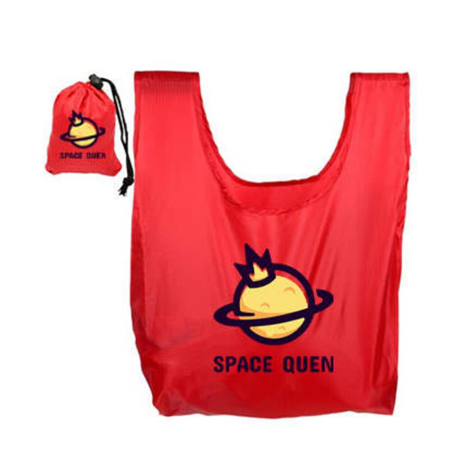 A red foldaway shopping tote bag with a decorative logo and a matching drawstring pouch for storage. A red foldaway shopping tote bag with a decorative logo and a matching drawstring pouch for storage.