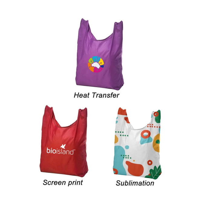 A purple tote bag with a logo, a red tote bag with branding, and a multicoloured patterned tote bag. A purple tote bag with a logo, a red tote bag with branding, and a multicoloured patterned tote bag.