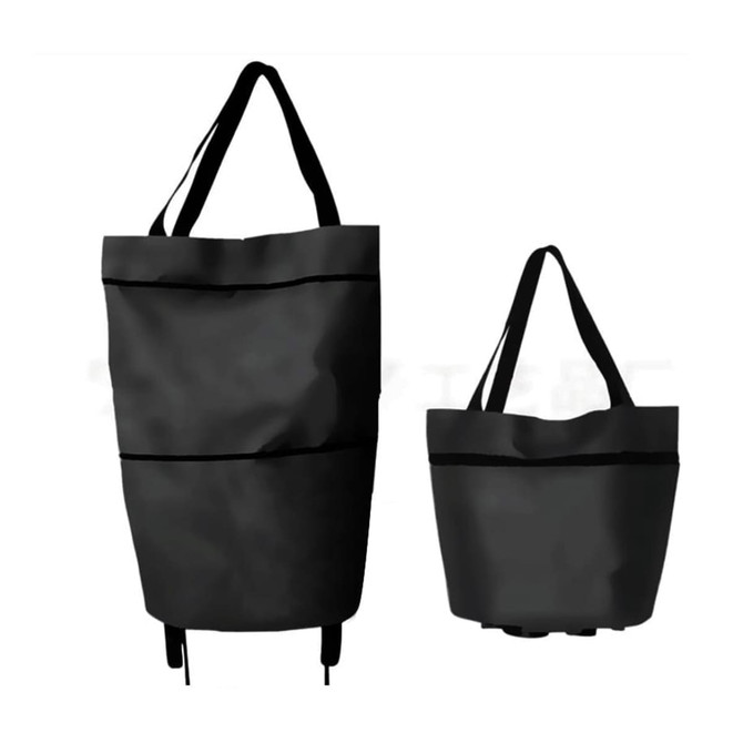 A black collapsible shopping trolley bag, featuring two sizes and shoulder straps, with a simple design. A black collapsible shopping trolley bag, featuring two sizes and shoulder straps, with a simple design.