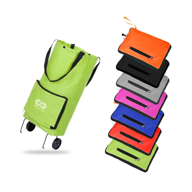 A green collapsible shopping trolley bag with wheels alongside various coloured foldable bags. All feature zippers. A green collapsible shopping trolley bag with wheels alongside various coloured foldable bags. All feature zippers.