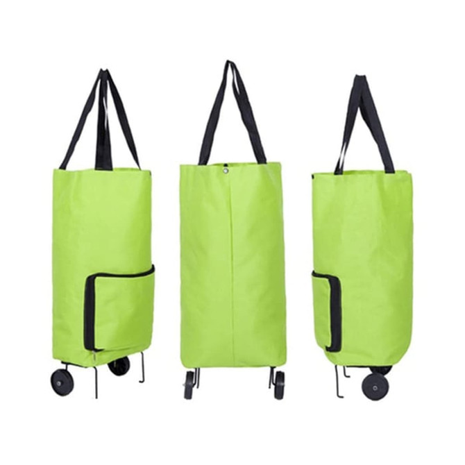 A bright green collapsible shopping trolley bag with black straps and a side pocket, featuring wheels for easy transportation. A bright green collapsible shopping trolley bag with black straps and a side pocket, featuring wheels for easy transportation.