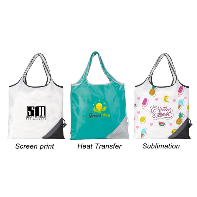 A foldaway shopping bag available in white and teal with various designs, including prints and logos. A foldaway shopping bag available in white and teal with various designs, including prints and logos.