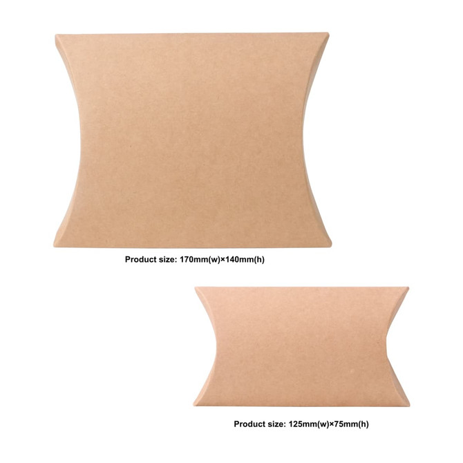 A large brown kraft pillow box, featuring a curved design, displayed with dimensions of 170 x 140 x 37mm. A large brown kraft pillow box, featuring a curved design, displayed with dimensions of 170 x 140 x 37mm.