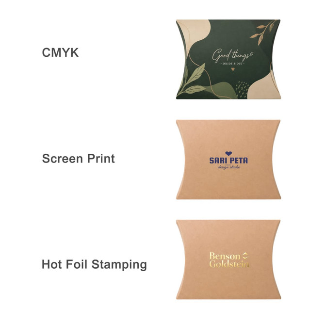 A large brown kraft pillow box with curved edges, featuring various designs and a logo.