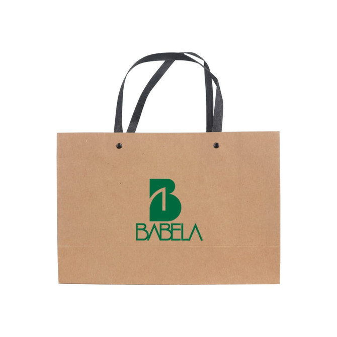 A small brown paper bag with a knitted handle and a logo printed on the front. A small brown paper bag with a knitted handle and a logo printed on the front.