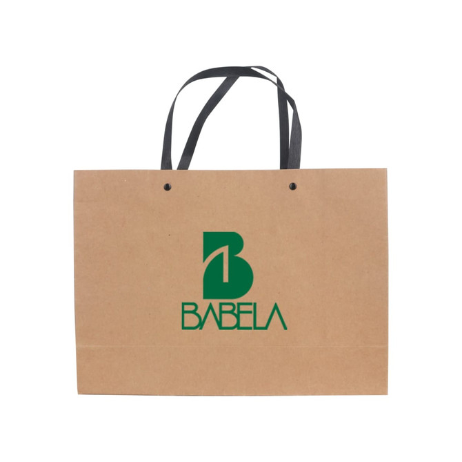 A large brown paper bag with a knitted black handle and a logo on the front. A large brown paper bag with a knitted black handle and a logo on the front.