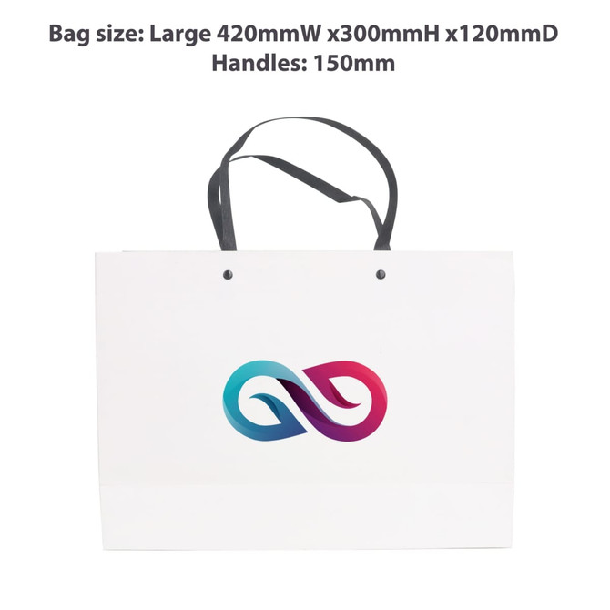 A large white paper bag with a knitted handle and a colourful logo design. Dimensions: 420mm x 300mm x 120mm. A large white paper bag with a knitted handle and a colourful logo design. Dimensions: 420mm x 300mm x 120mm.