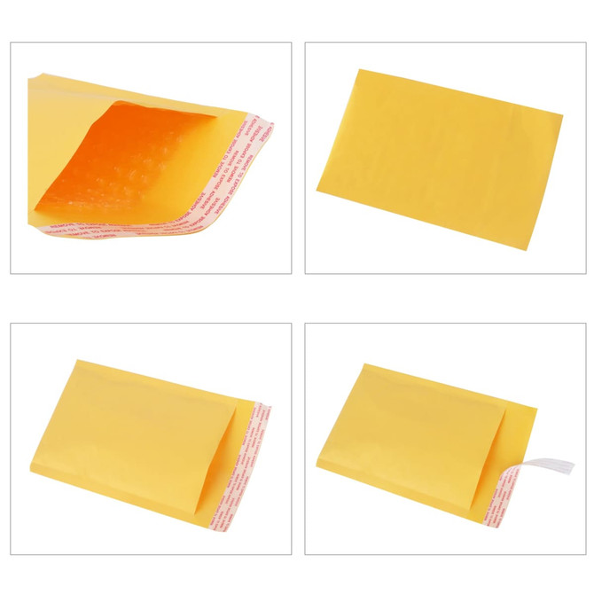 A small padded yellow bubble envelope, featuring a peel-and-seal adhesive closure and an interior bubble liner for protection. A small padded yellow bubble envelope, featuring a peel-and-seal adhesive closure and an interior bubble liner for protection.