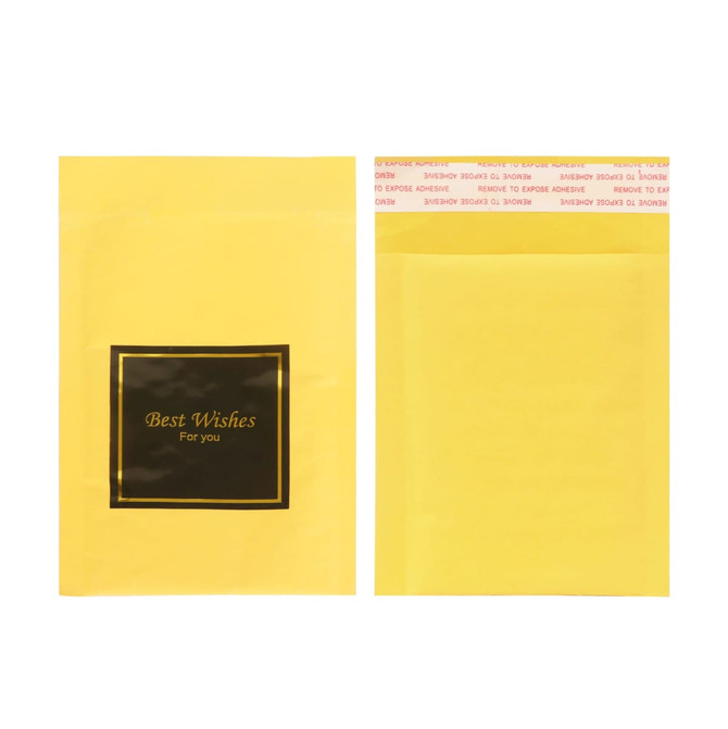 A yellow padded bubble envelope with a black-framed message and a self-adhesive seal. Features branding on the flap. A yellow padded bubble envelope with a black-framed message and a self-adhesive seal. Features branding on the flap.