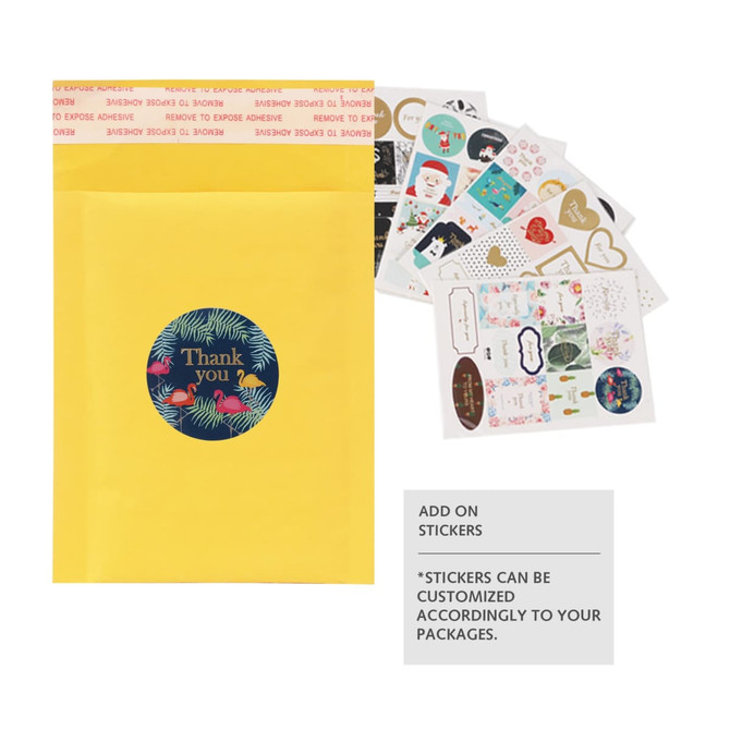 A yellow padded bubble envelope with a round logo sticker, accompanied by assorted decorative stickers. A yellow padded bubble envelope with a round logo sticker, accompanied by assorted decorative stickers.