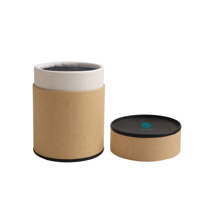 Small kraft paper cylinders with a black lid, featuring a smooth, natural finish and a contrasting inner liner.