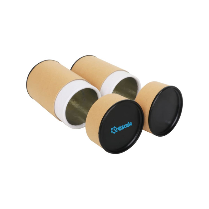 Small kraft paper cylinders with black lids, featuring a logo, displayed in two orientations.
