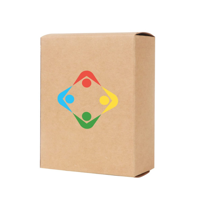 A small square gift box in a natural brown colour, featuring a multi-coloured logo on its front. A small square gift box in a natural brown colour, featuring a multi-coloured logo on its front.