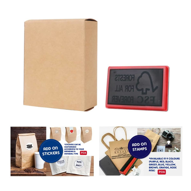 A small square gift box in brown, accompanied by a red stamp. The box is empty and features a logo. A small square gift box in brown, accompanied by a red stamp. The box is empty and features a logo.