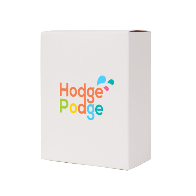 A small square gift box in white, featuring a multi-coloured logo. Dimensions: 100 x 130 x 50mm.