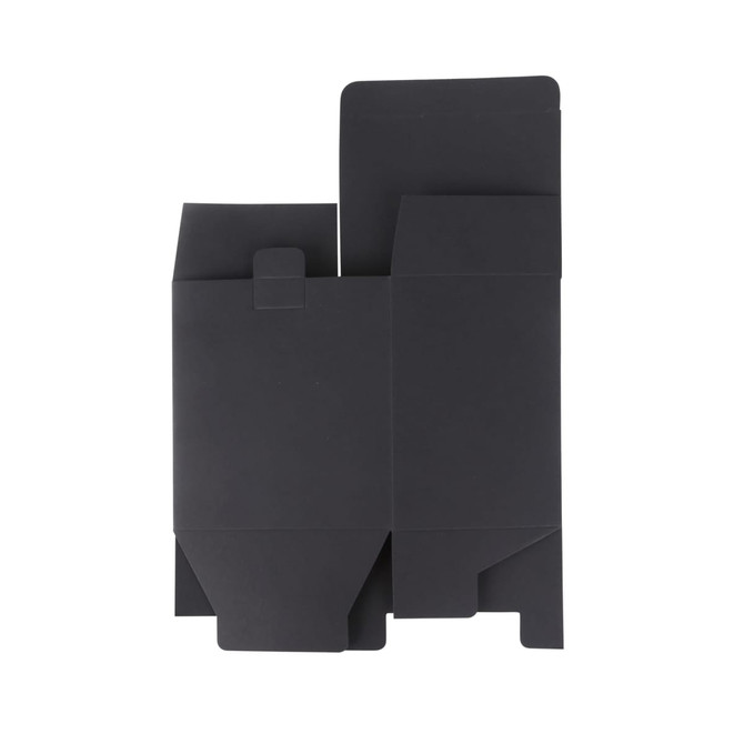 A medium square gift box in a sleek black design, featuring various folds and closures for secure packaging. A medium square gift box in a sleek black design, featuring various folds and closures for secure packaging.