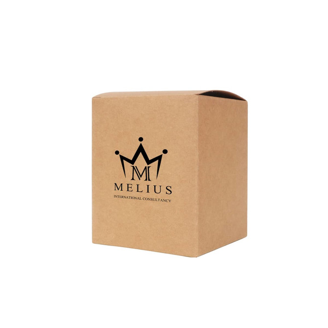 A large square gift box in brown cardboard, featuring a logo on one side. Dimensions are 105 x 130 x 105mm.
