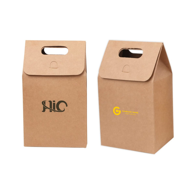 A large kraft paper portable box in brown, featuring cut-out handles and logos on two sides. A large kraft paper portable box in brown, featuring cut-out handles and logos on two sides.