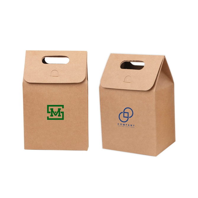 Two medium kraft paper portable boxes with handle cutouts, featuring different logo designs. Two medium kraft paper portable boxes with handle cutouts, featuring different logo designs.